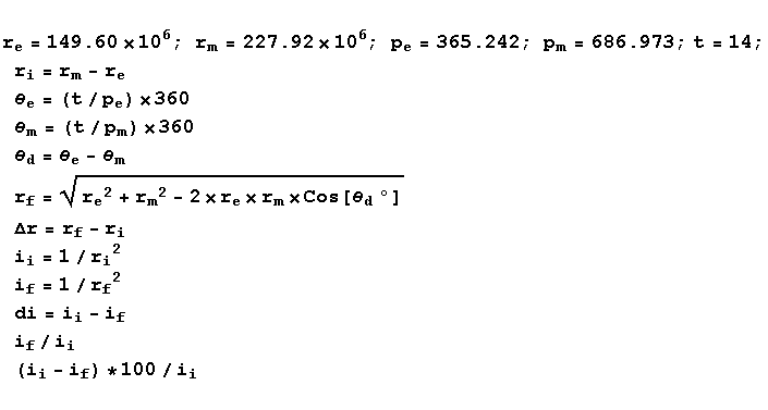 RowBox[{, RowBox[{RowBox[{RowBox[{r_e, =, RowBox[{149.6, , 10^6}]}], ;,  , RowBox[{r_ ... /r_f^2, , di = i_i - i_f, , i_f/i_i, , (i_i - i_f) * 100/i_i, }]}]